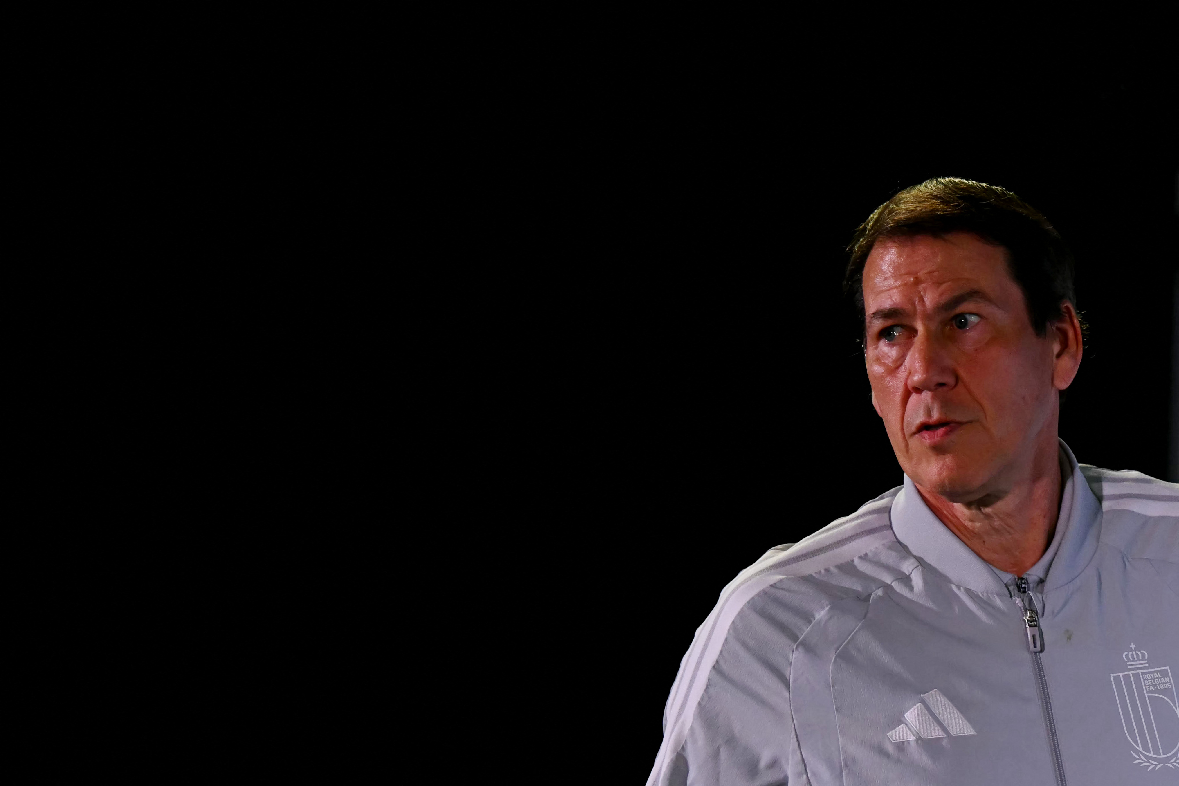 Belgium's French head coach Rudi Garcia gives a press conference at Los Angeles Stadium in Los Angeles on July 9, 2026, on the eve of the 2026 World Cup football tournament quarter-final match between Spain and Belgium. (Photo by Paul ELLIS / AFP)
