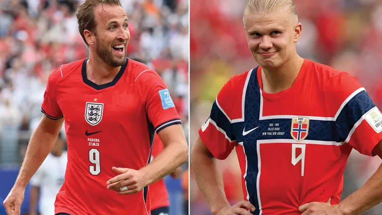 (COMBO) This combination of pictures created on July 10, 2026, shows England's forward #09 Harry Kane at the New York/New Jersey Stadium in East Rutherford on June 27, 2026; and Norway's forward #09 Erling Braut Haaland at the New York/New Jersey Stadium in East Rutherford on July 5, 2026. Spain and Belgium will meet in a 2026 World Cup football tournament quarter-final matchin Miami on July 11, 2026. (Photo by Angela WEISS and Odd ANDERSEN / AFP)