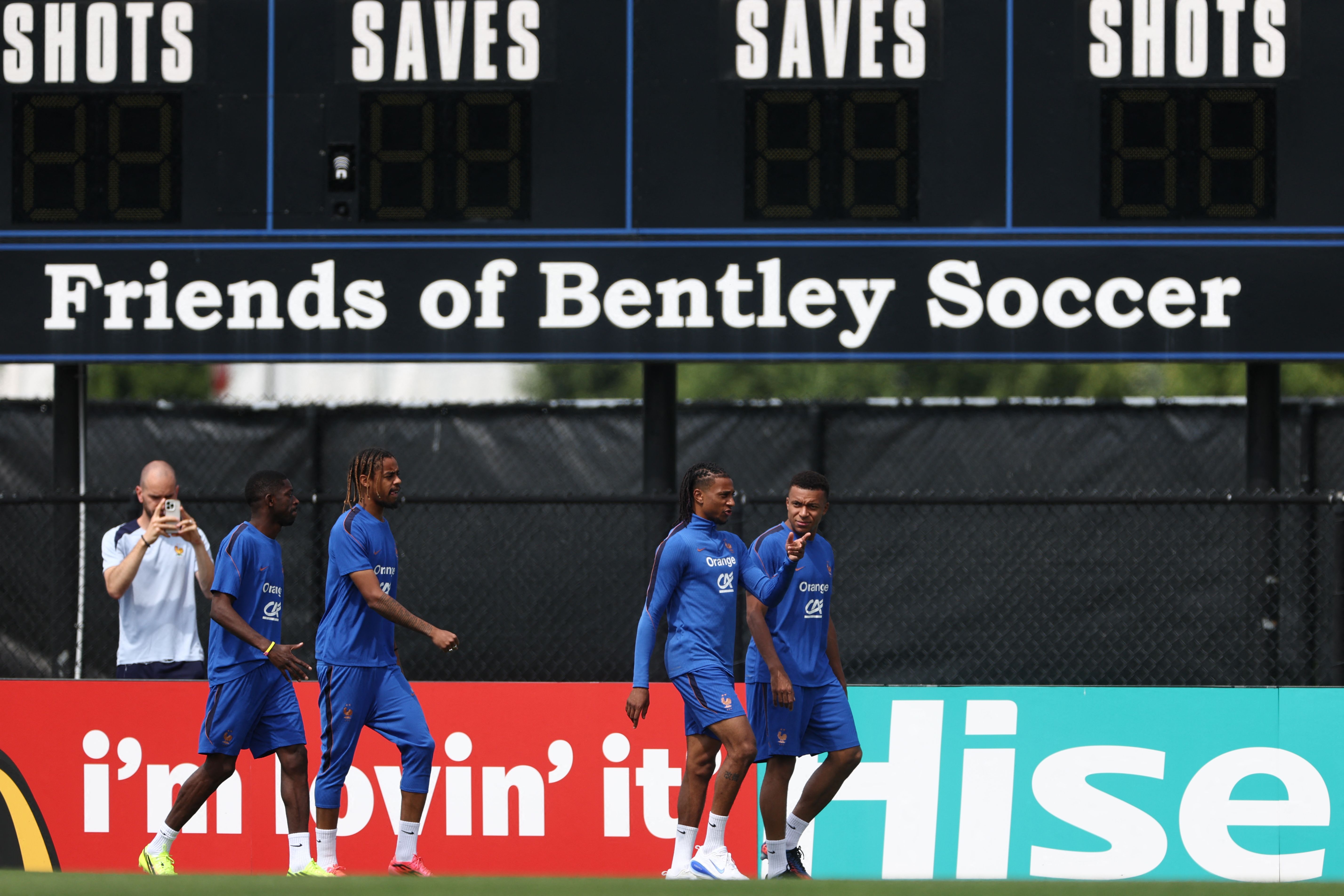 (From L) France's forward #07 Ousmane Dembele, France's forward #12 Bradley Barcola, France's forward #11 Michael Olise and France's forward #10 Kylian Mbappe attend a training session at Bentley University in Waltham, near Boston, on July 11, 2026, during the 2026 World Cup football tournament. (Photo by FRANCK FIFE / AFP)