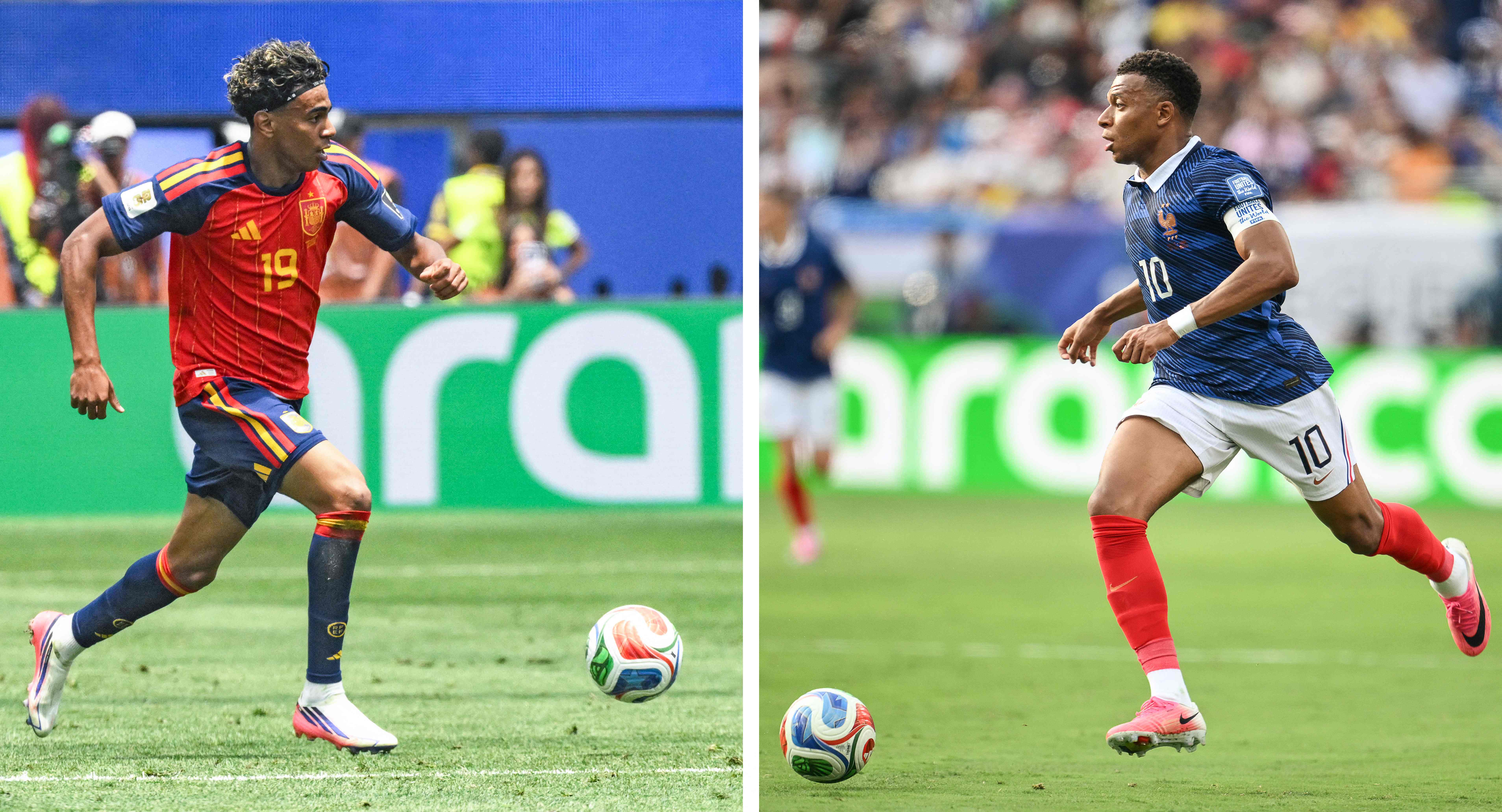 (COMBO) This combination of files photos created on July 12, 2026, shows Spain's forward #19 Lamine Yamal in Inglewood on July 10, 2026 (L); and France's forward #10 Kylian Mbappe in East Rutherford on June 30, 2026. France and Spain will meet in a 2026 World Cup semi-finall football match at the Dallas Stadium in Arlington on July 14, 2026. (Photo by Patrick T. FALLON and Angela WEISS / AFP)