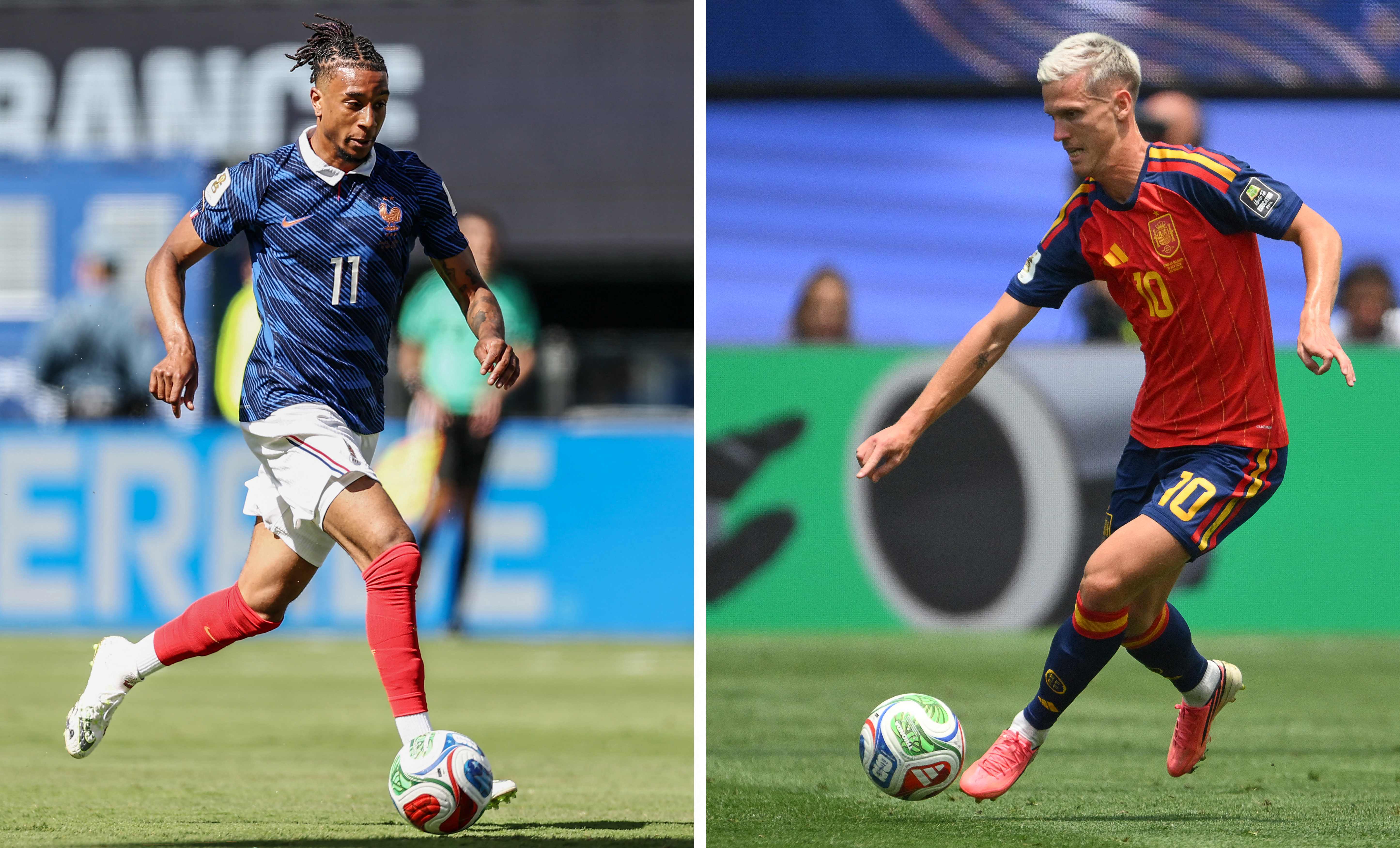(COMBO) This combination of files photos created on July 12, 2026, shows France's forward #11 Michael Olise in East Rutherford on June 16, 2026 (L); and Spain's forward #10 Dani Olmo in Inglewood on July 10, 2026. France and Spain will meet in a 2026 World Cup semi-finall football match at the Dallas Stadium in Arlington on July 14, 2026. (Photo by Charly TRIBALLEAU and Patrick T. FALLON / AFP)
