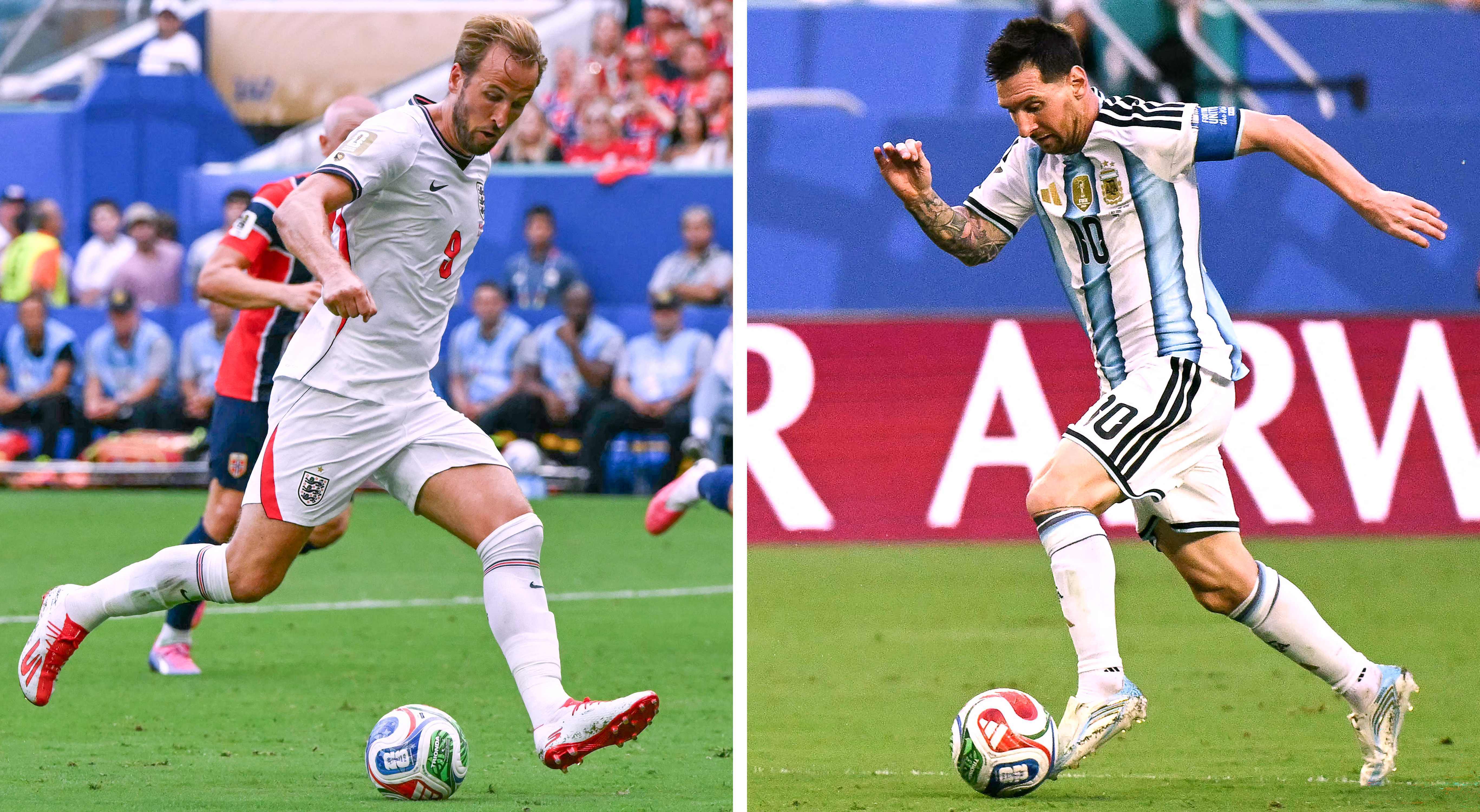 (COMBO) This combination of file photos created on July 12, 2026, shows England's forward #09 Harry Kane in Miami on July 11, 2026 (L); and Argentina's forward #10 Lionel Messi in Miami Gardens on July 3, 2026. England and Argentina will meet in a 2026 World Cup semi-final football match at the Atlanta Stadium in Atlanta on July 15, 2026. (Photo by Roberto SCHMIDT and Chandan KHANNA / AFP)