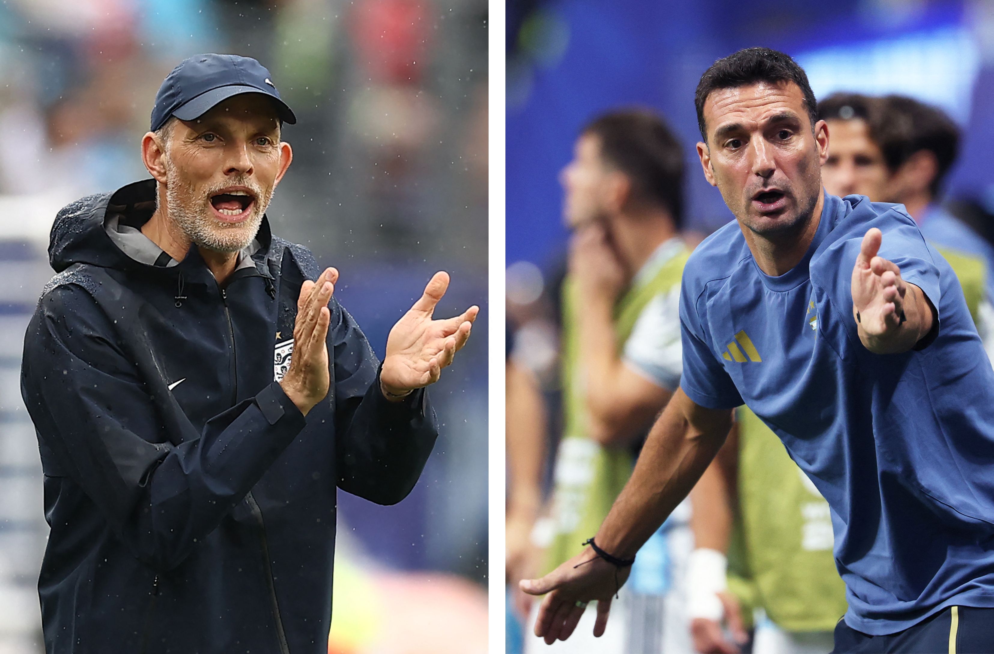 (COMBO) This combination of file photos created on July 12, 2026, shows England's German head coach Thomas Tuchel in East Rutherford on June 27, 2026 (L); and Argentina's head coach Lionel Scaloni in Atlanta on July 7, 2026. England and Argentina will meet in a 2026 World Cup semi-final football match at the Atlanta Stadium in Atlanta on July 15, 2026. (Photo by Charly TRIBALLEAU and Odd ANDERSEN / AFP)