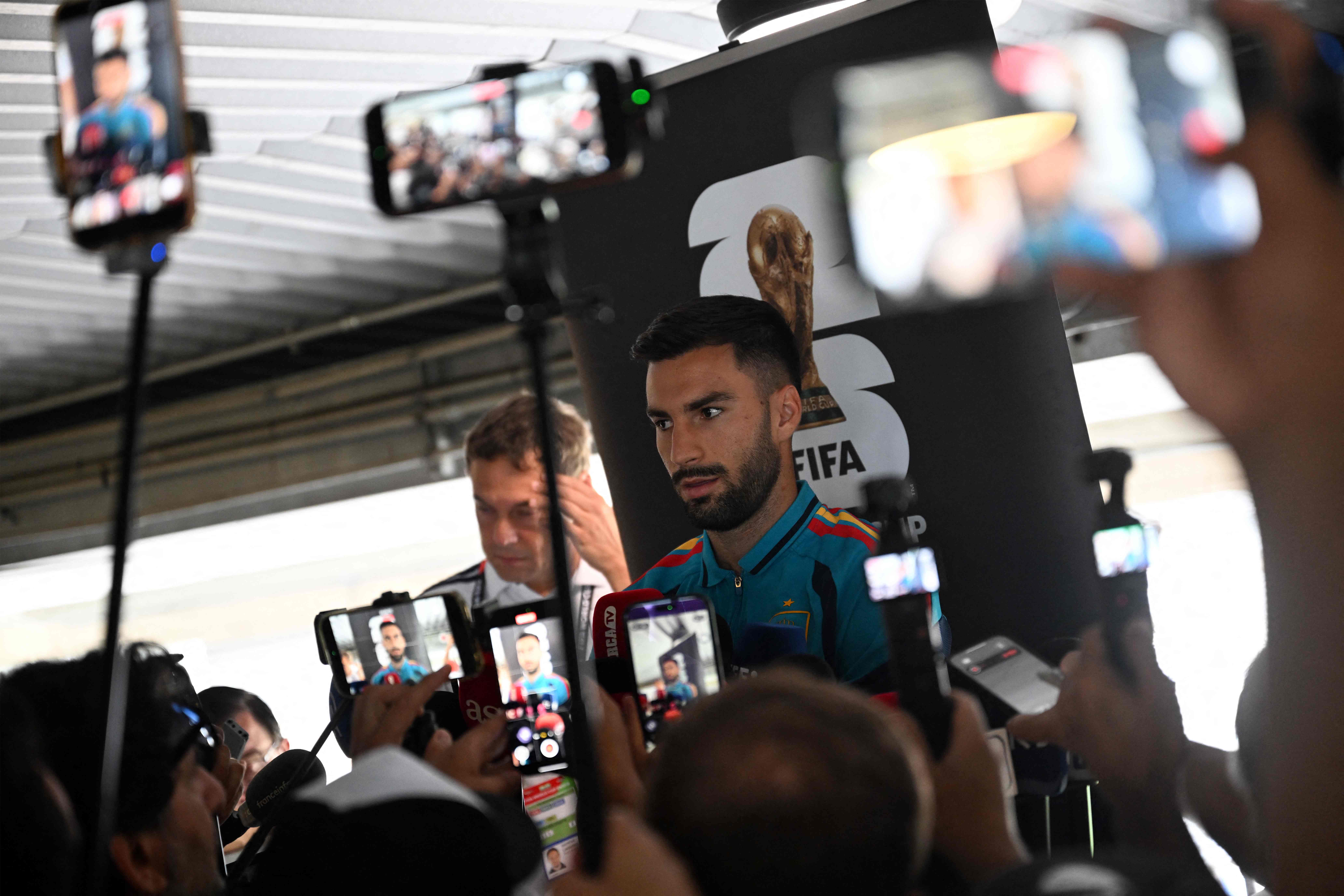 Spain's midfielder #15 Alex Baena gives an MD-1 press conference at the Dallas Stadium in Arlington on July 13, 2026, on the eve of the 2026 World Cup football tournament semi-final match between France and Spain. (Photo by Paul ELLIS / AFP)