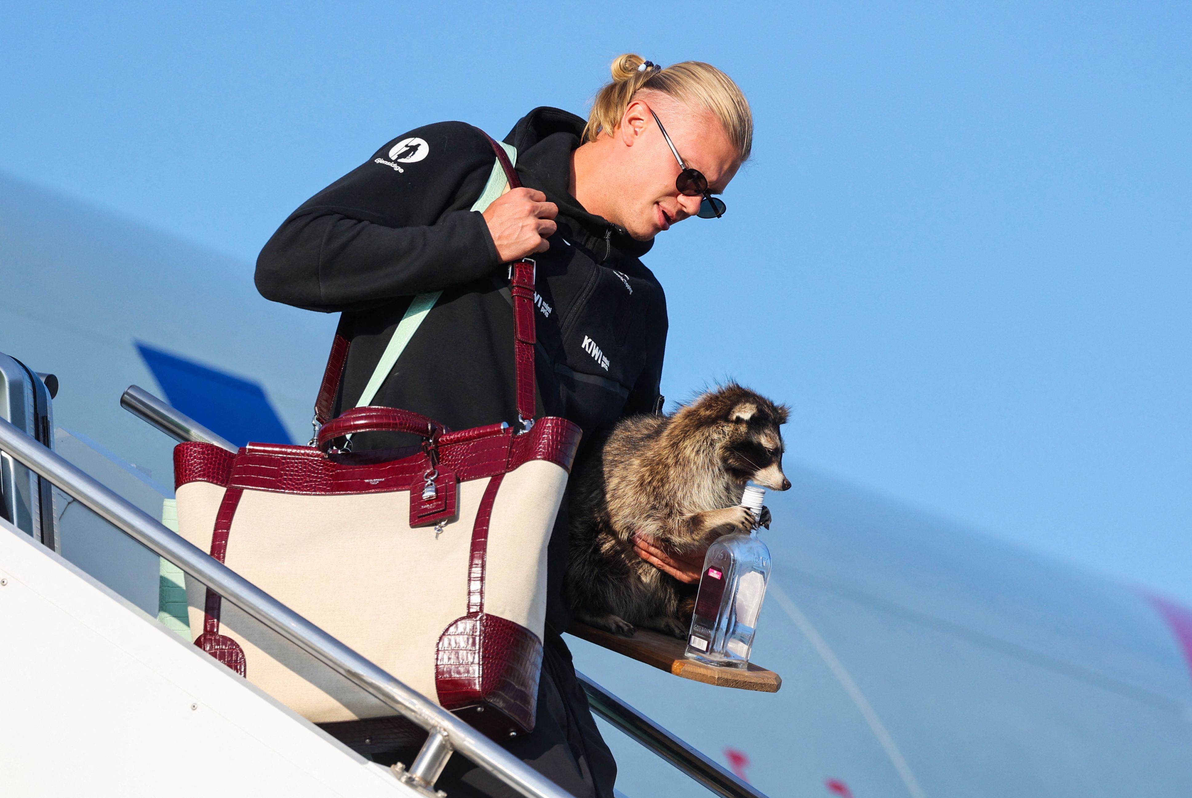 Norway's striker Erling Braut Haaland gets off the plane after Norway's national football team landed at Oslo's Gardermoen Airport on July 13, 2026. Norway were knocked out in the quarter-final match against England. (Photo by Jan Langhaug / NTB / AFP) / Norway OUT