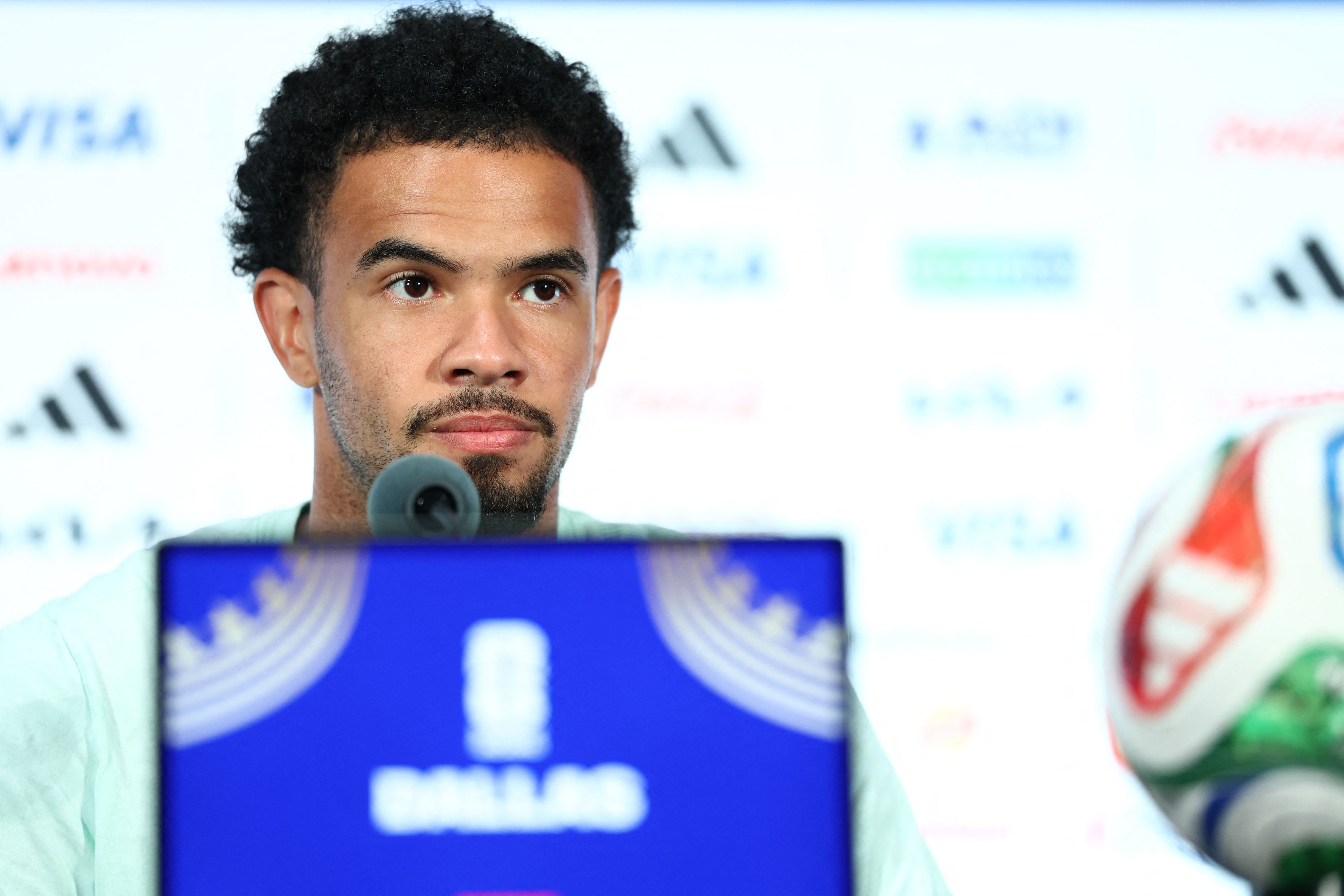 France's midfielder #18 Warren Zaire-Emery gives an MD-1 press conference at the Dallas Stadium in Arlington on July 13, 2026, on the eve of the 2026 World Cup football tournament semi-final match between France and Spain. (Photo by FRANCK FIFE / AFP)
