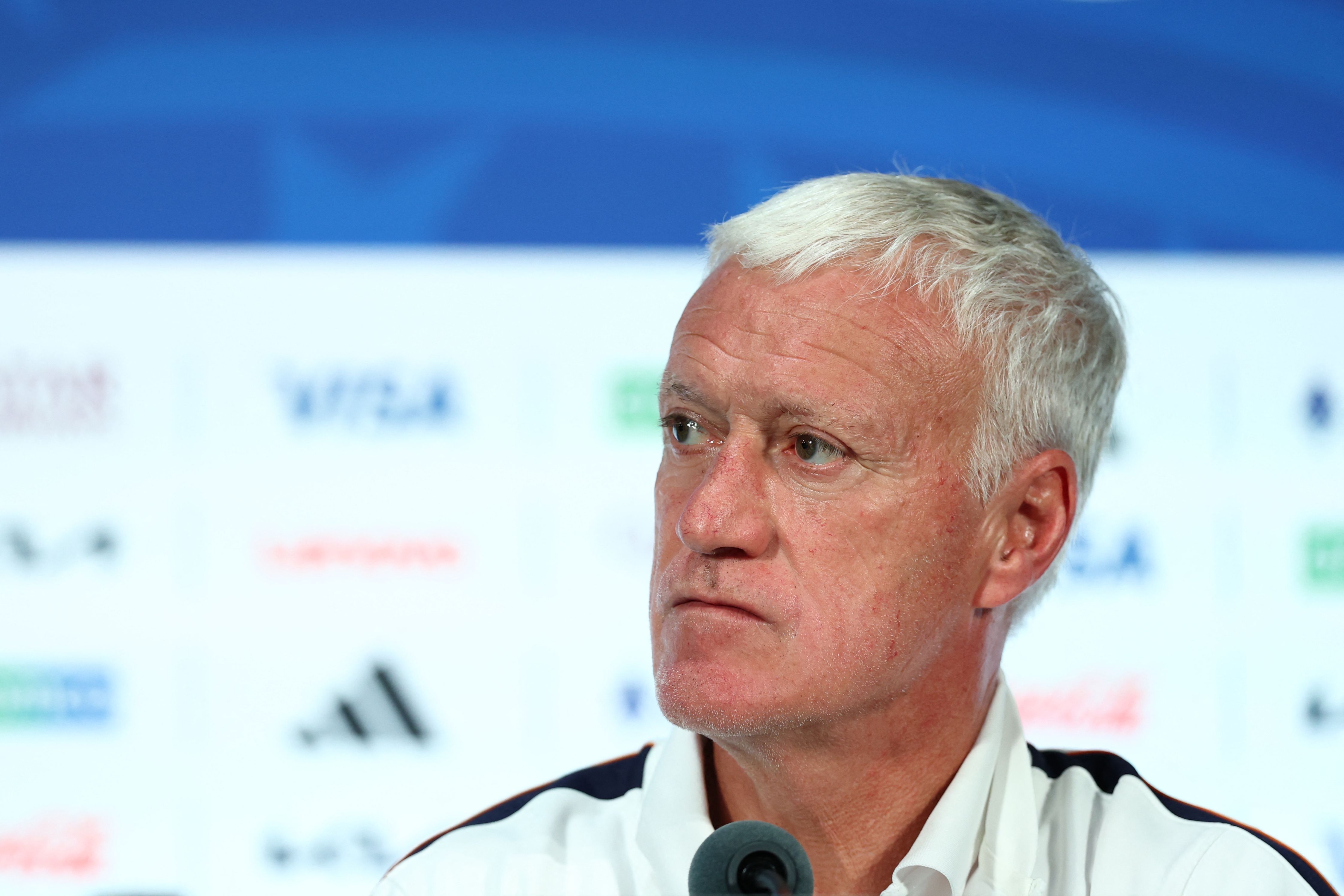 France's head coach Didier Deschamps gives an MD-1 press conference at the Dallas Stadium in Arlington on July 13, 2026, on the eve of the 2026 World Cup football tournament semi-final match between France and Spain. (Photo by FRANCK FIFE / AFP)