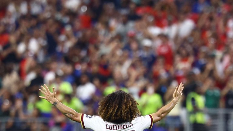 TOPSHOT - Spain's defender #24 Marc Cucurella celebrates after winning the 2026 World Cup football tournament semi-final match between France and Spain at the Dallas Stadium in Arlington on July 14, 2026. (Photo by CHARLY TRIBALLEAU / AFP)