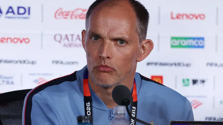 England's German head coach Thomas Tuchel gives an MD-1 press conference at the Atlanta Stadium in Atlanta on July 14, 2026, on the eve of the 2026 World Cup football tournament semi-final match between England and Argentina. (Photo by Thomas COEX / AFP)
