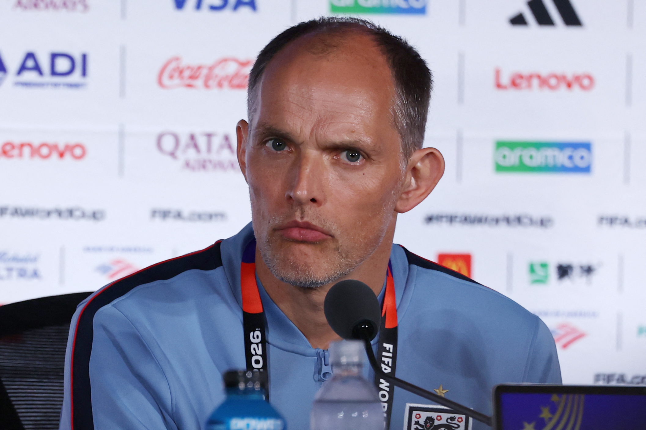 England's German head coach Thomas Tuchel gives an MD-1 press conference at the Atlanta Stadium in Atlanta on July 14, 2026, on the eve of the 2026 World Cup football tournament semi-final match between England and Argentina. (Photo by Thomas COEX / AFP)