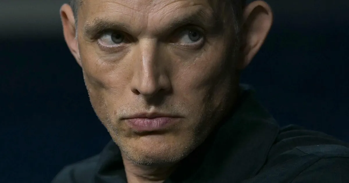 England's German head coach Thomas Tuchel looks on from the technical area during the 2026 World Cup football tournament semi-final match between England and Argentina at the Atlanta Stadium in Atlanta on July 15, 2026. (Photo by JUAN MABROMATA / AFP)