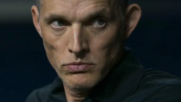 England's German head coach Thomas Tuchel looks on from the technical area during the 2026 World Cup football tournament semi-final match between England and Argentina at the Atlanta Stadium in Atlanta on July 15, 2026.  (Photo by JUAN MABROMATA / AFP)