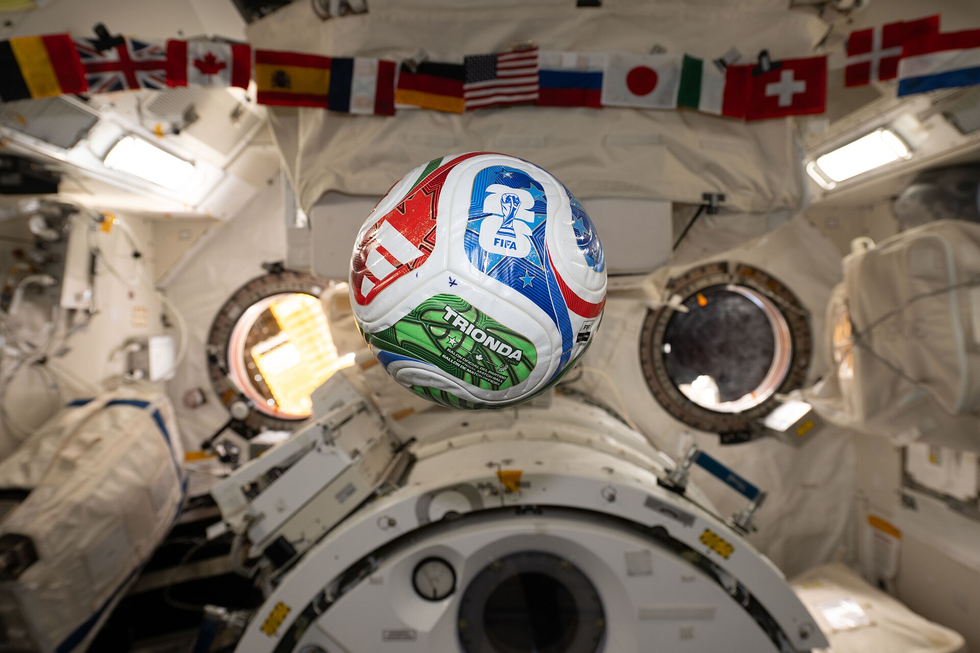 A soccer ball floats in microgravity in this March 2, 2026, picture from the International Space Station. The space station crew tested soccer balls to study how internal mass affects motion and stability in microgravity. The findings have improved understanding of how embedded technologies, including match-ball sensors, can influence performance during play. Through research aboard the International Space Station and technology developed for exploration, NASA continues to demonstrate how discoveries made for space can benefit people on Earth—including athletes and fans participating in the world’s most popular sport. Image credit: NASA