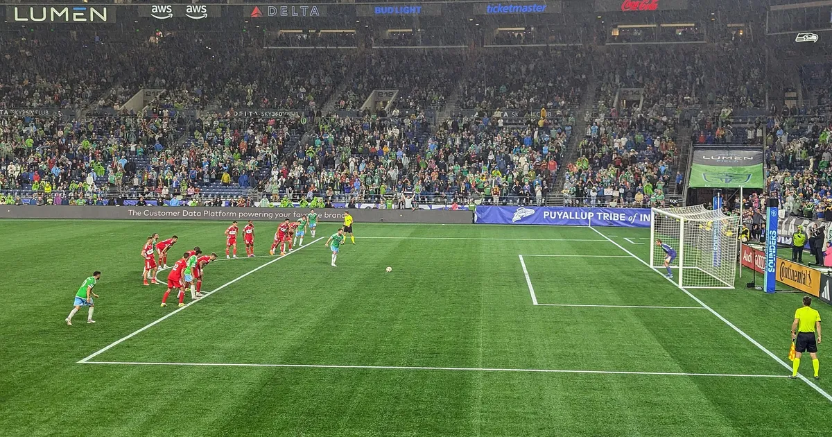 Seattle Sounders FC midfielder Albert Rusnák prepares to take a penalty kick against the Chicago Fire FC in stoppage time of a Major League Soccer regular season match at Lumen Field in Seattle.