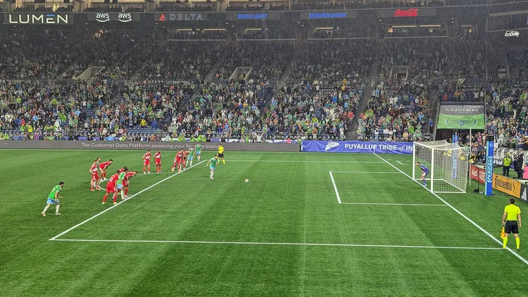 Seattle Sounders FC midfielder Albert Rusnák prepares to take a penalty kick against the Chicago Fire FC in stoppage time of a Major League Soccer regular season match at Lumen Field in Seattle.