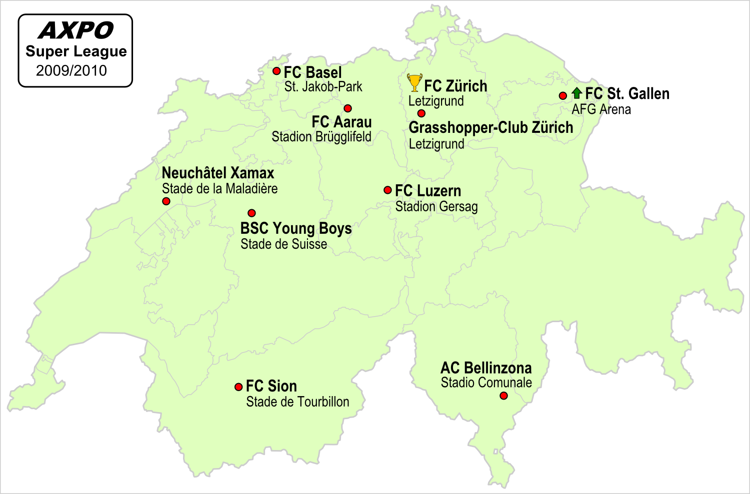 Karte der Vereine der Schweizer Axpo Super League 2009/2010