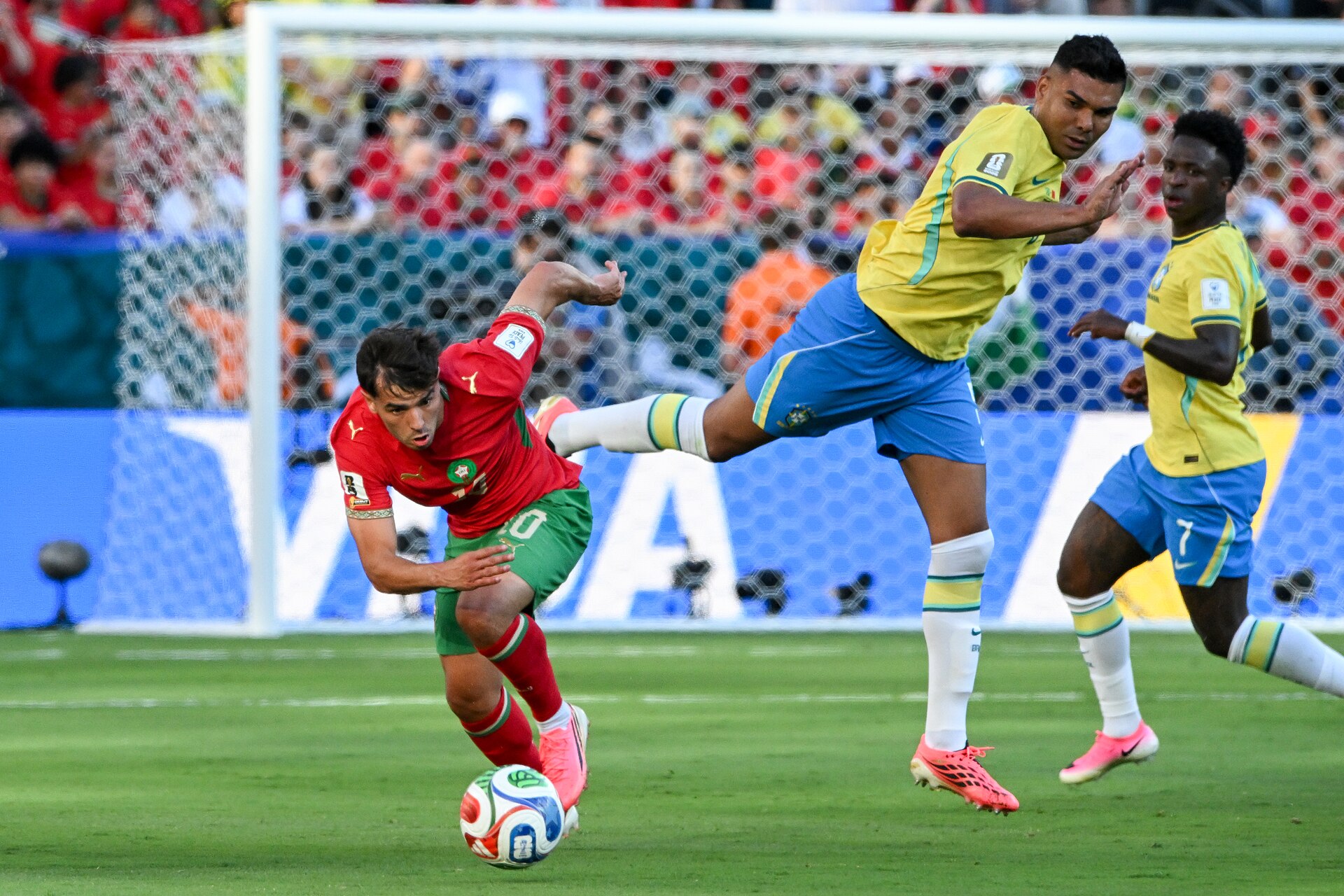 EAST RUTHERFORD, UNITED STATES - June 13: Casemiro of Brazil competes for the ball against Brahim Diaz of Morocco during the FIFA World Cup 2026 Group C match between Brazil and Morocco on June 13, 2026