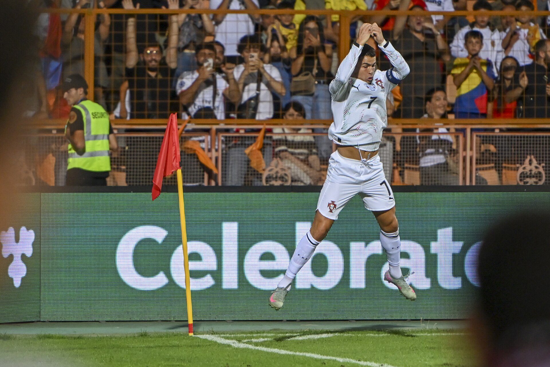 YEREVAN, ARMENIA, SEPTEMBER 6, 2025: Cristiano Ronaldo from Portugal celebrates the goal during the FIFA World Cup 2026 Qualifying match between Armenia and Portugal at Republican Stadium in Yerevan, September 6, 2025