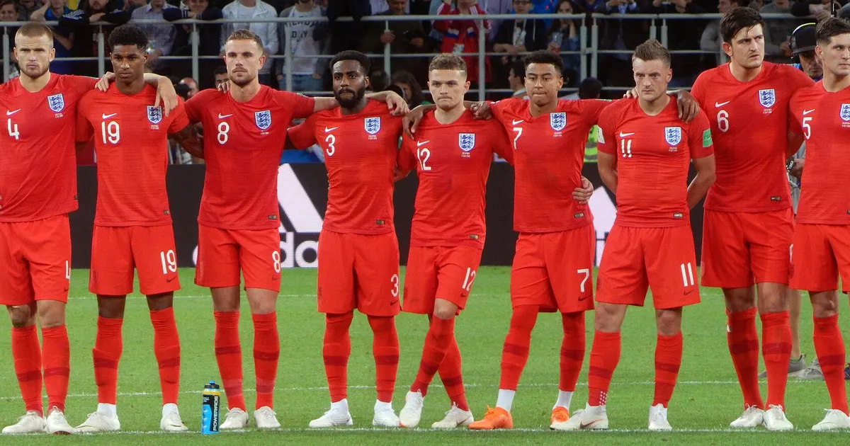 Team England during the penalty shootout against Colombia at the 2018 FIFA World Cup while Harry Kane kicked his penalty kick