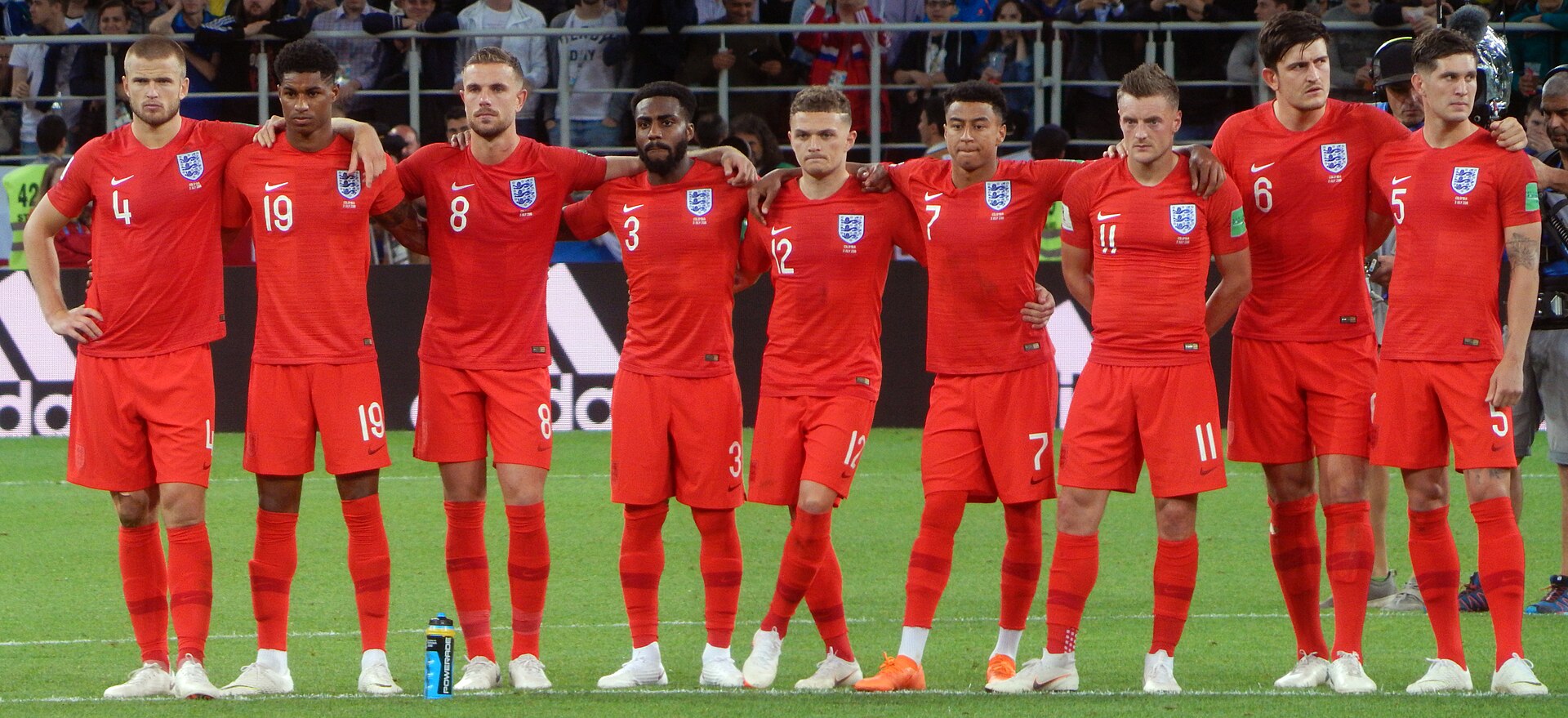 Team England during the penalty shootout against Colombia at the 2018 FIFA World Cup while Harry Kane kicked his penalty kick