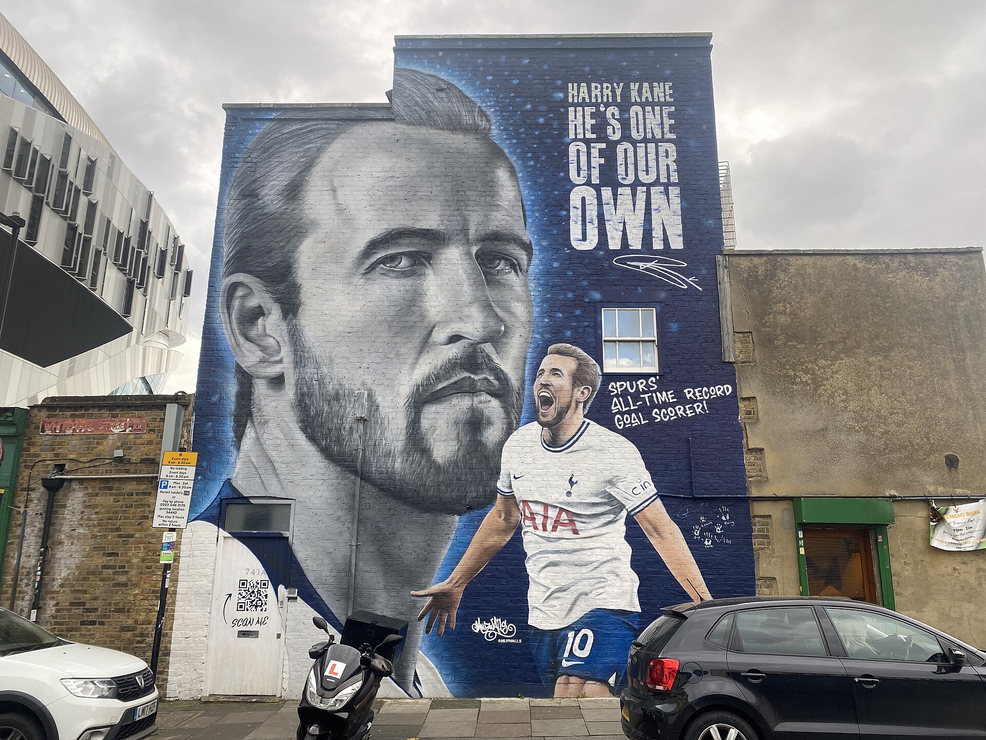 Mural of footballer Harry Kane outside the Tottenham Hotspur Stadium.