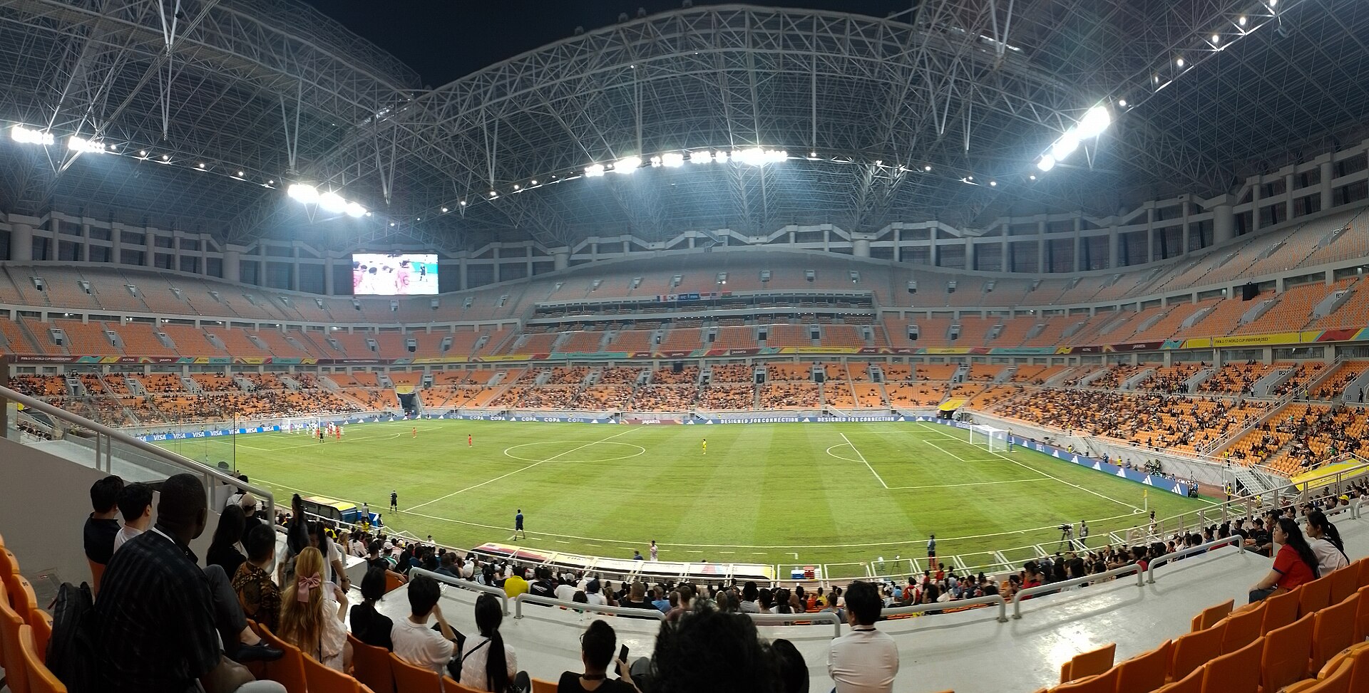 The interior of the Jakarta International Stadium, Jakarta, Indonesia, during the 2023 FIFA U-17 World Cup group stage match, between South Korea U-17 football team (KOR) vs. the United States U-17 soccer/football team (USA).