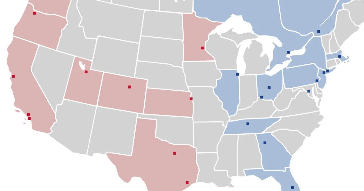 Locations of all Major League Soccer teams for the 2020 season, adding Nashville, Miami, and a second LA dot.