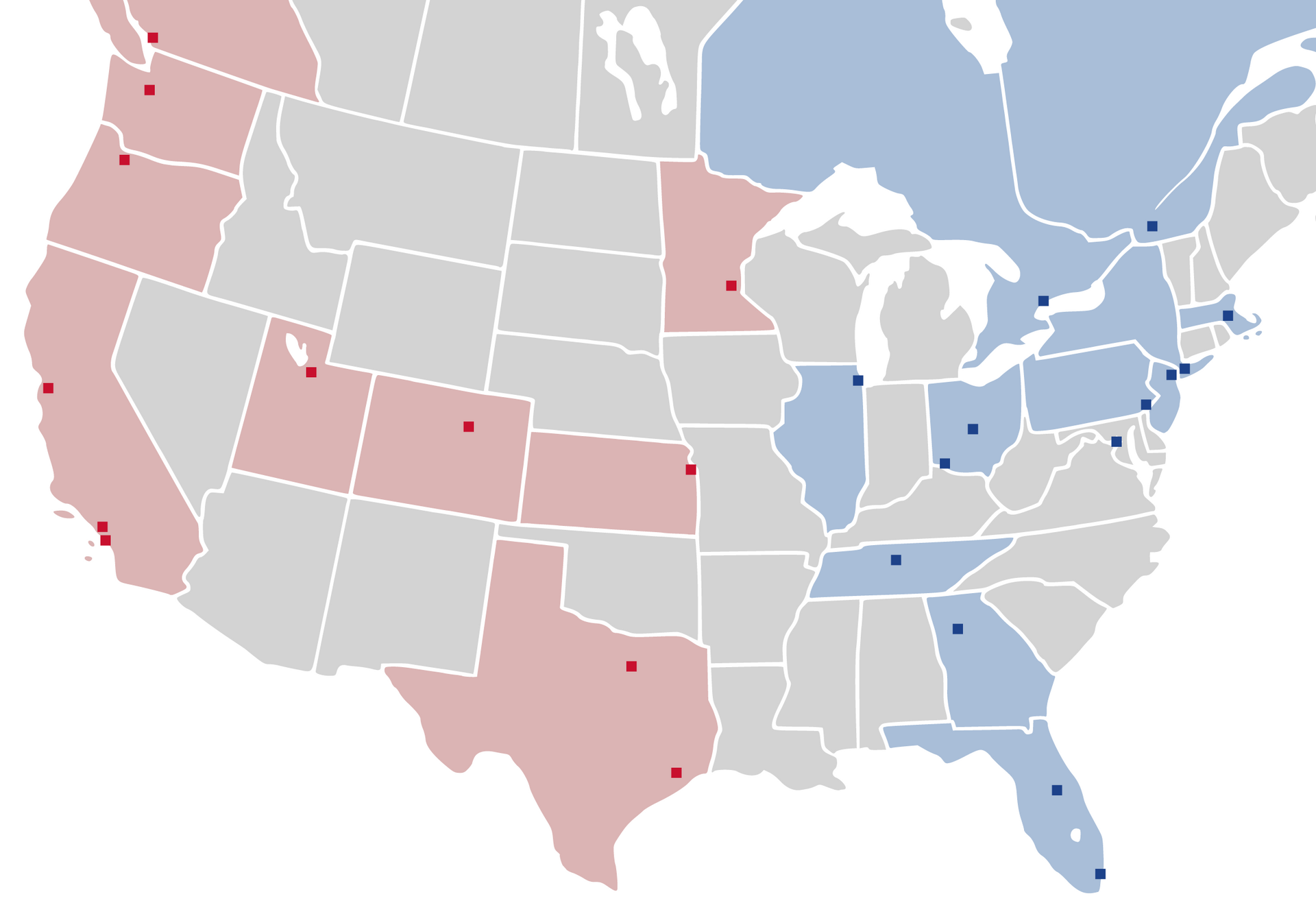 Locations of all Major League Soccer teams for the 2020 season, adding Nashville, Miami, and a second LA dot.