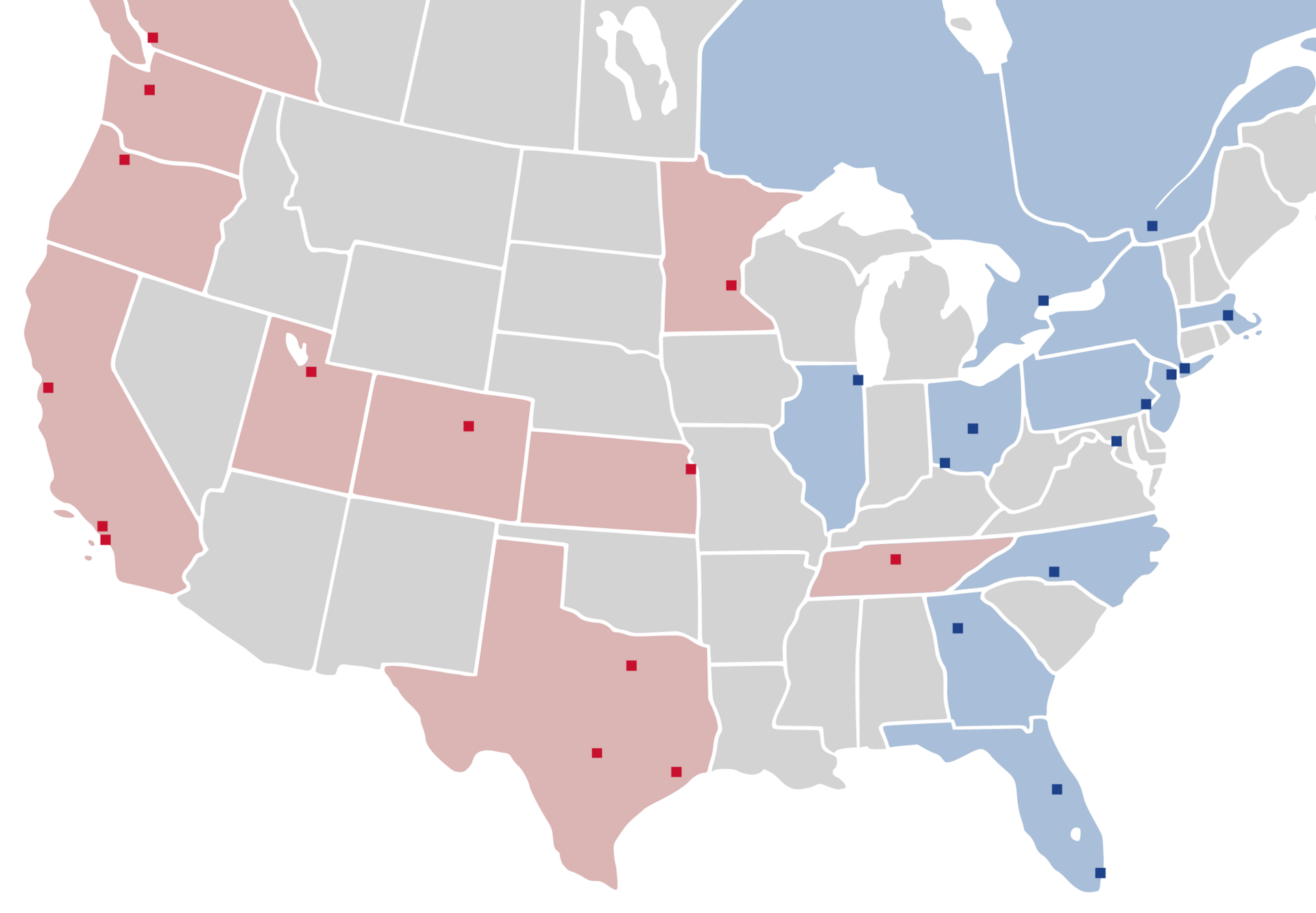 Locations of all Major League Soccer teams for the 2021 season, adding Austin from previous year. States in red are Western Conference & blue shaded states are Eastern Conference.