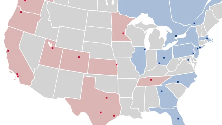 Locations of all Major League Soccer teams for the 2021 season, adding Austin from previous year. States in red are Western Conference & blue shaded states are Eastern Conference.