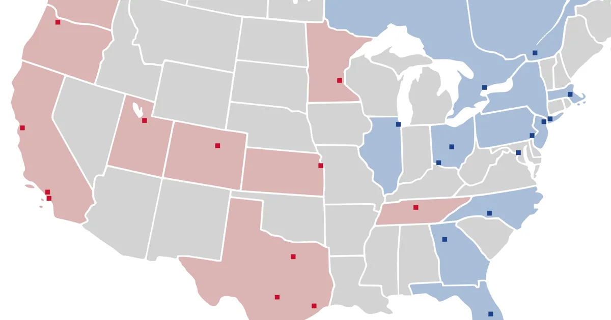 Locations of all Major League Soccer teams for the 2021 season, adding Austin from previous year. States in red are Western Conference & blue shaded states are Eastern Conference.