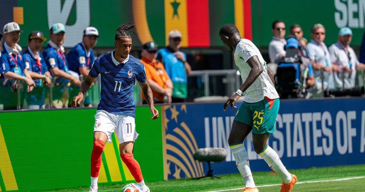 Michael Olise El Hadji Malick Diouf during France v Senegal on 16 June 2026 at the 2026 FIFA World Cup at NY/NJ Stadium in East Rutherford, NJ