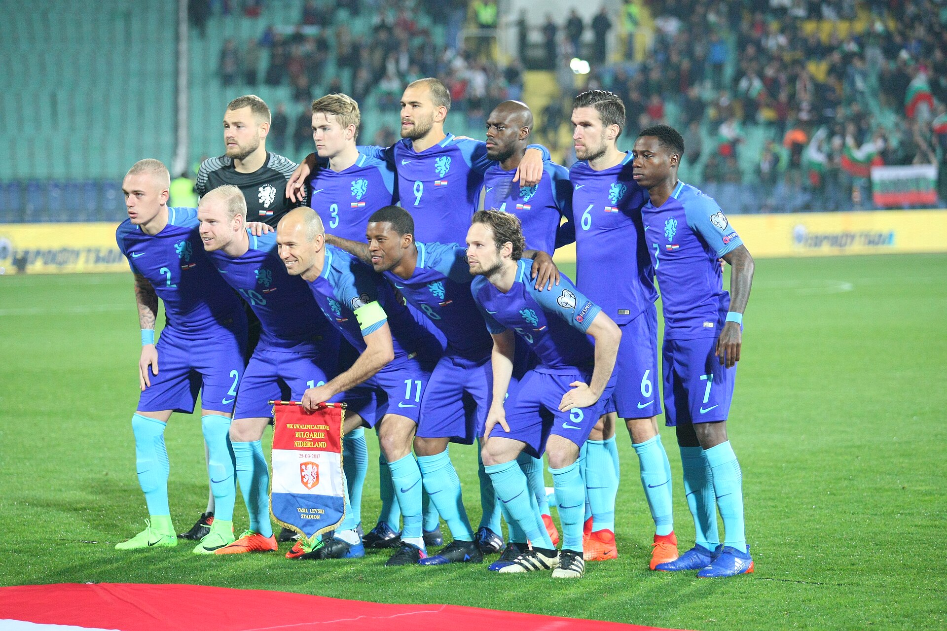 Bulgaria (2) v. Netherlands (0), 25 March 2017. Back: Jeroen Zoet, Matthijs de Ligt, Bas Dost, Bruno Martins Indi, Kevin Strootma, Quincy Promes .Front: Rick Karsdorp, Davy Klaassen, Arjen Robben, Georginio Wijnaldum, Daley Blind.