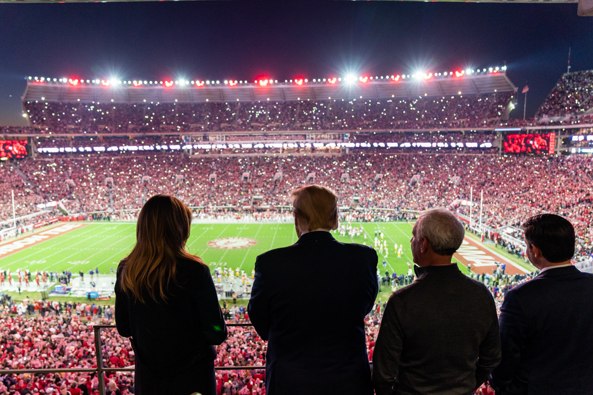 President Donald J. Trump and First Lady Melania Trump watch the action on the field at Bryant-Denny Stadium Saturday, Nov. 9, 2019, while attending the University of Alabama -Louisiana State University football game in Tuscaloosa, Ala. (Official White House Photo by Shealah Craighead)