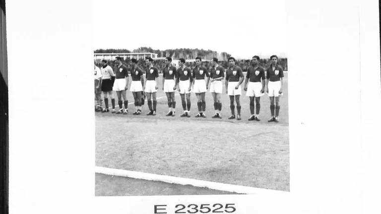 THE POLISH ARMY IN THE MIDDLE EAST, 1942-1943. Football. The Iranian team lined up before start of the game. The football team of the Polish Army in the East became famous for winning many games. In Iran the team was composed almost exclusively of young men who had not reached an age to be able to play in big teams in Poland. Some of them fought in Tobruk and other parts of the Western Desrt. These pictures show a game between the Polish team and one representing Persia, which caused a great interest and drew large crowds. The final score was 3-1 for the Poles.