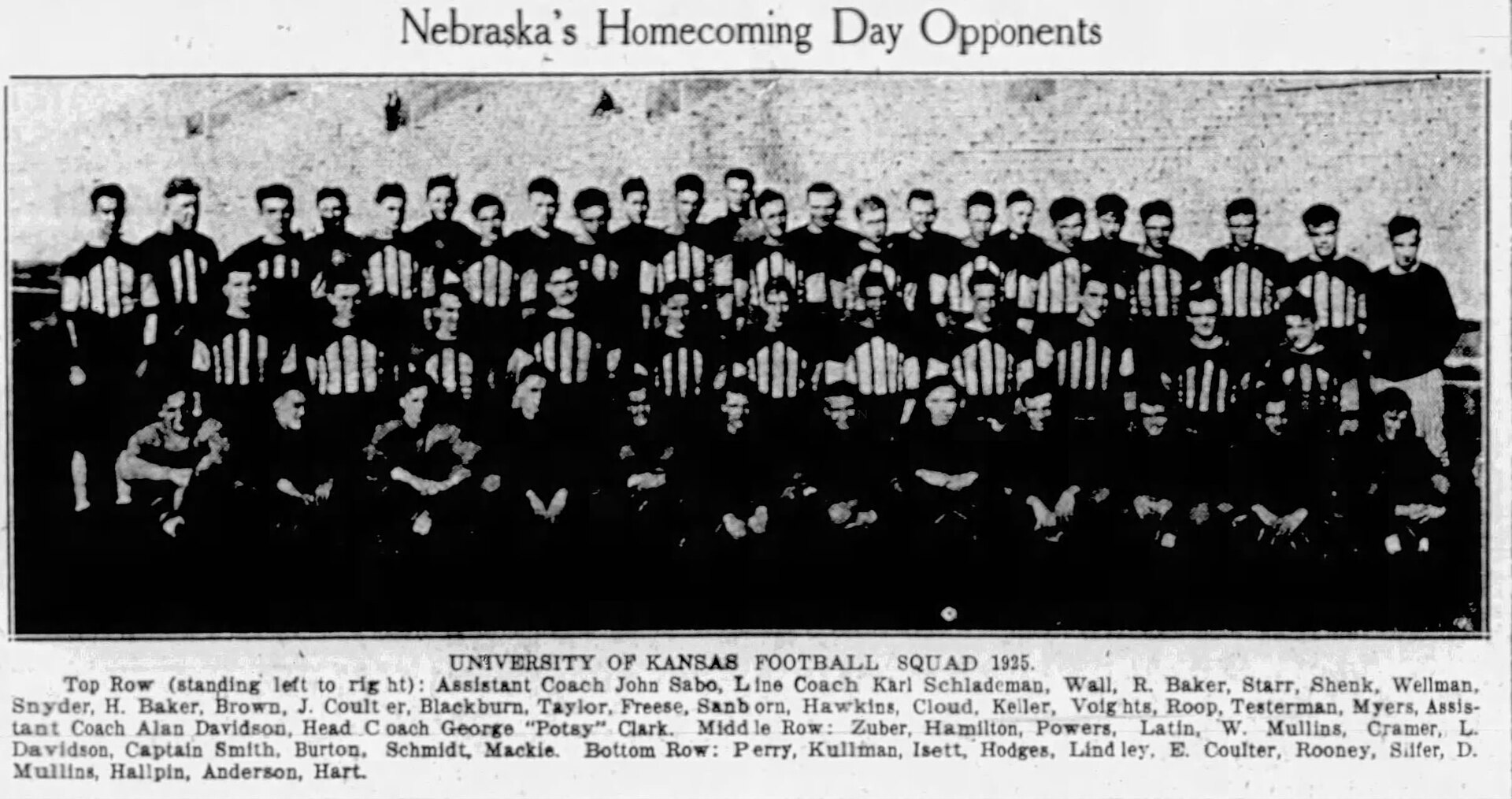 Caption text says "Top Row (standing left to right): Assistant Coach John Sabo, Line Coach Karl Schlademan, Wall, R. Baker, Starr, Shenk, Wellman, Snyder, H. Baker, Brown, J. Coulter, Blackburn, Taylor, Freese, Sanborn, Hawkins, Cloud, Keller, Voights, Roop, Testerman, Myers, Assistant Coach Alan Davidson, Head Coach George "Potsy" Clark. Middle Row: Zuber, Hamilton, Powers, Latin, W. Mullins, Cramer, L. Davidson, Captain Smith, Burton, Schmidt, Mackie. Bottom Row: Perry, Kullman, Isett, Hodges, Lindley, E. Coulter, Rooney, Silfer, D. Mullins, Hallpin, Anderson, Hart."