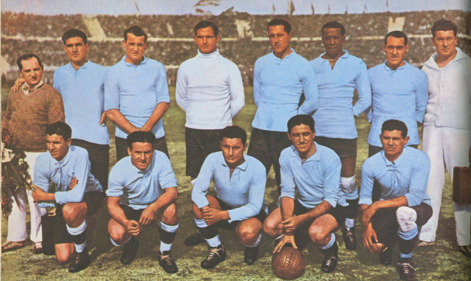 Uruguay national football team 1930 world cup winners. Standing: Fígoli (masseur), Gestido, Nasazzi, Ballestrero, Mascheroni, Andrade and Fernández. Crouching: Dorado, Scarone, Castro, Cea and Iriarte.