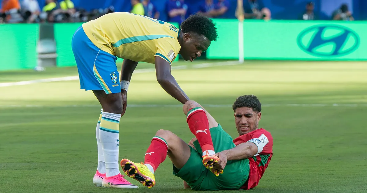 Vinicius Junior Achraf Hakimi during Brazil v Morocco on 13 June 2026 at the 2026 FIFA World Cup at NY/NJ Stadium in East Rutherford, NJ