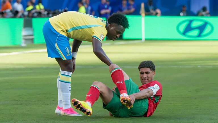 Vinicius Junior Achraf Hakimi during Brazil v Morocco on 13 June 2026 at the 2026 FIFA World Cup at NY/NJ Stadium in East Rutherford, NJ