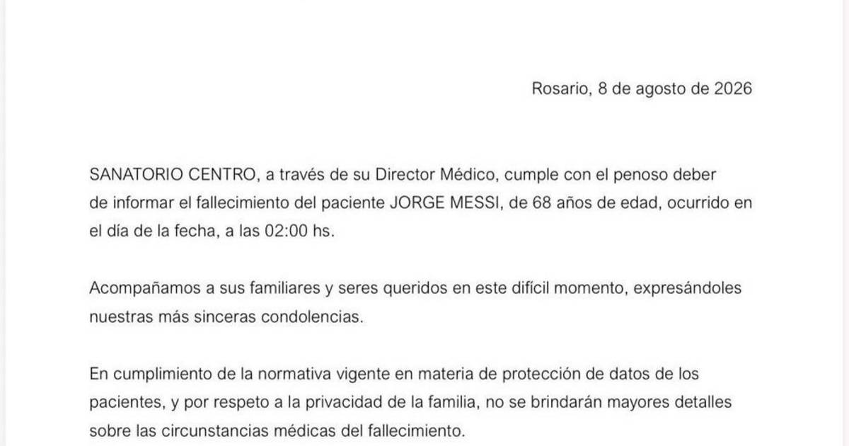 El comunicado oficial del Sanatorio Centro de Rosario tras el fallecimiento de Jorge Messi
